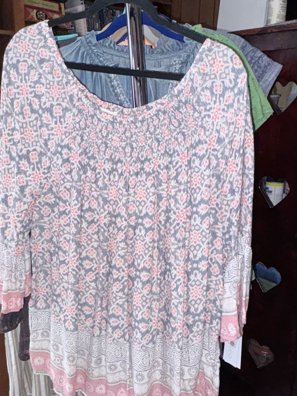 beachlunchlounge Pink and Gray Smocked-Neck Printed Blouse